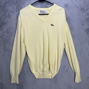 Vintage 80's Izod Lacoste Yellow V Neck Soft Orlon Knit Grandpa Sweater Men's‎ L